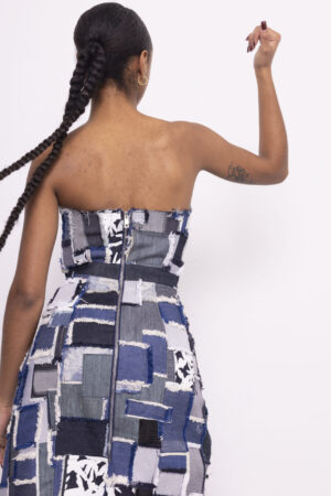 Robe longue bustier en patchwork vu de dos, fermeture éclaire