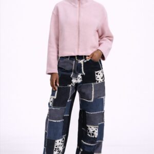 Veste courte zippée en laine rose