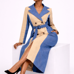 Manteau ceinturé long en Denim bicolore